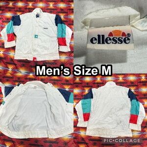 Vintage Ellesse Windbreaker Jacket Men's Medium White Blue & Red Track Full Zip